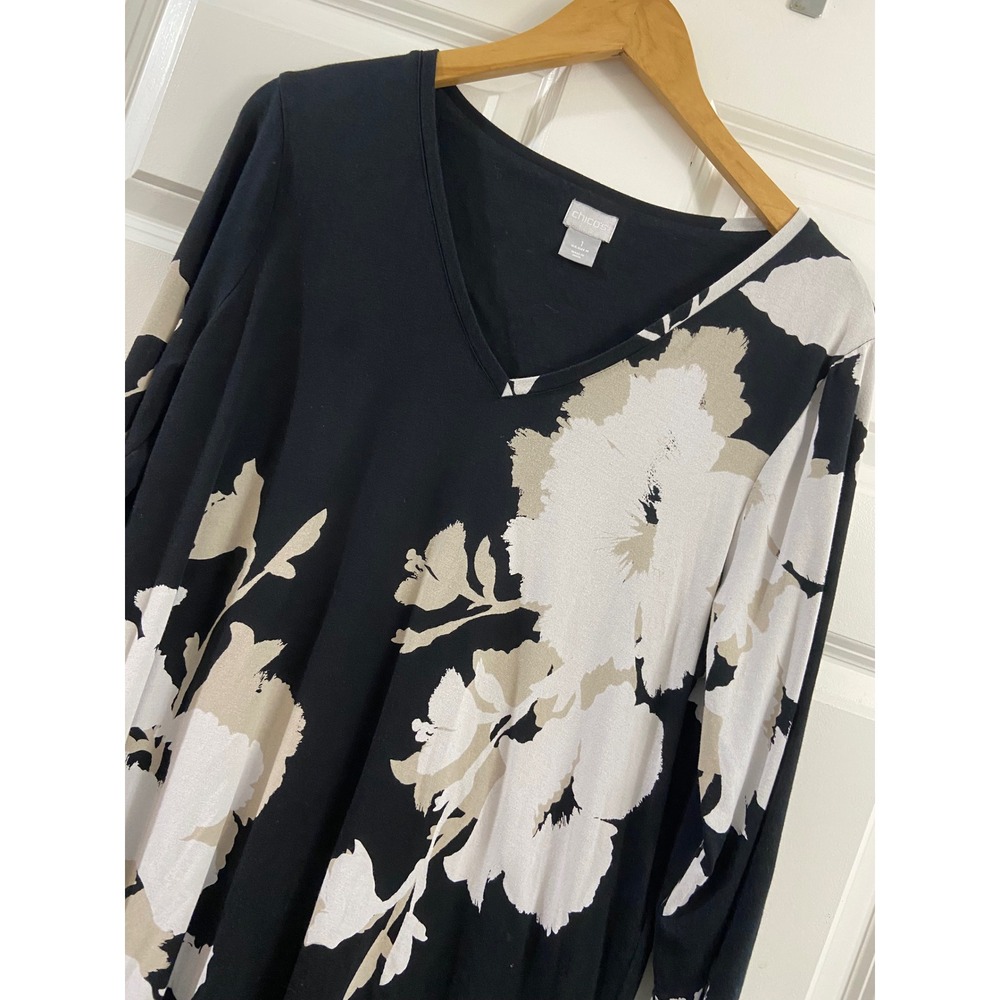 Chicos Floral V-Neck Tunic Top Black White Tan Long Sleeve Size 1 M